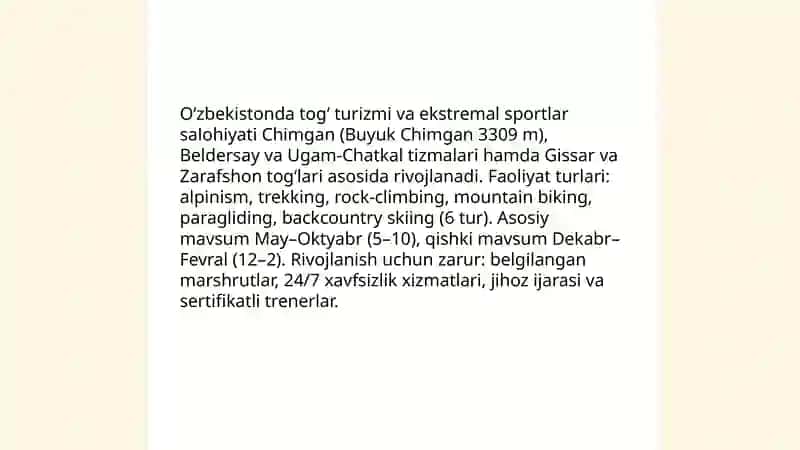 Oʻzbekistonda sport Turizmning istiqbollari 4