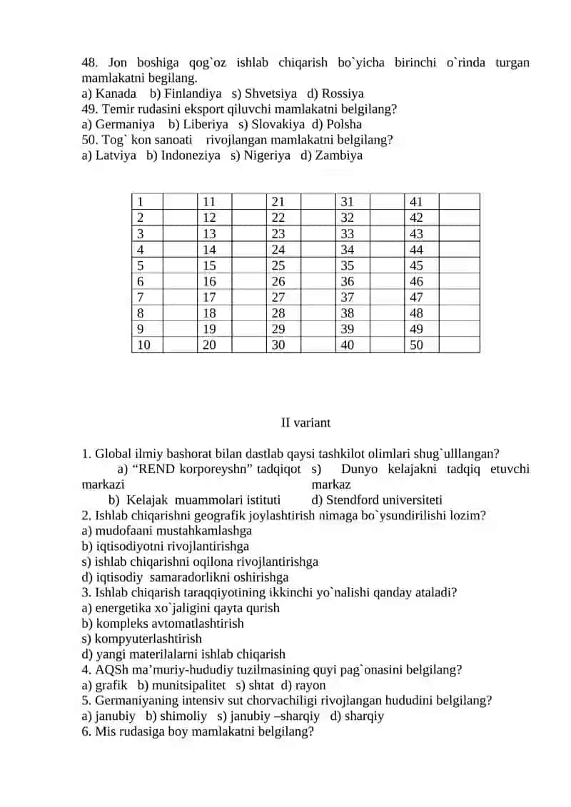JAHON MAMLAKATLARI IQTISODIY VA IJTIMOIY GEOGRAFIYASI 3-variant da 4