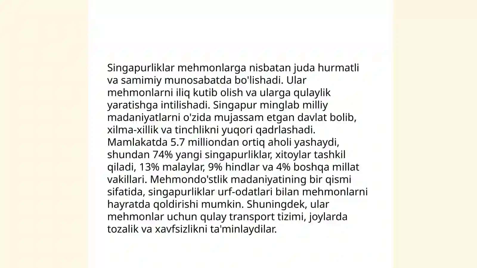 Singapur xalqini mexmondostligi haqida va ular boshqa shaharga borganda oʻzlarini qanday tutishadi 4
