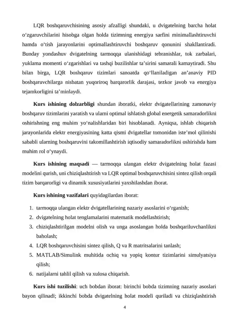 Tarmoqqa ulangan elektr dvigatel tizimining holat modeli va LQR boshqaruvchisini sintez qilish 4