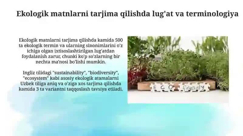 Ekologiya sohasiga oid matnlarni ingliz tilidan o'zbek tiliga tarjima qilish 4