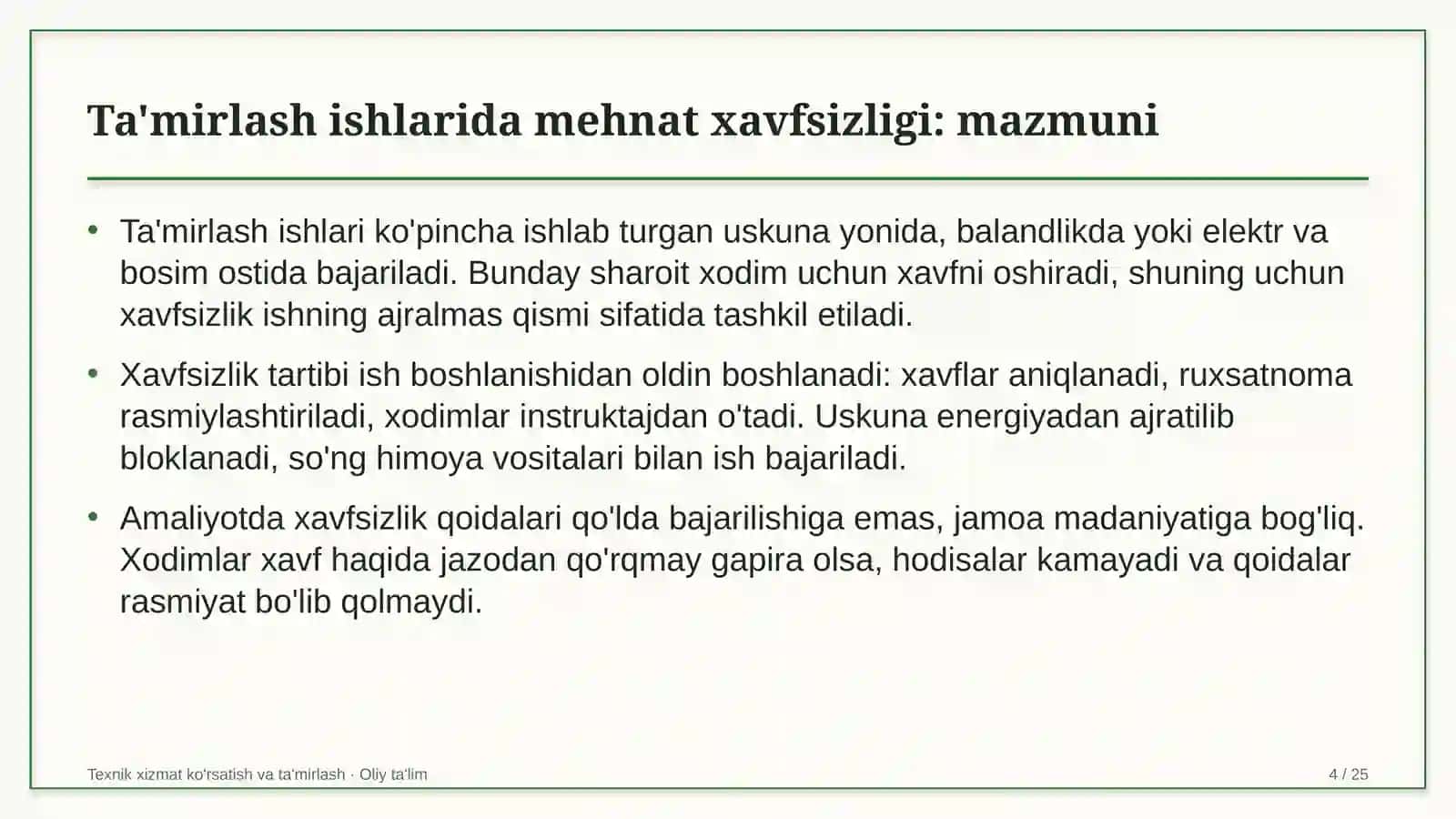 ombor xo'jaligida ta'mirlash ishlarida mehnat xavfsizligini ta'minlash 8420 4