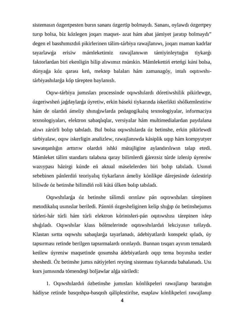 KURS JUMISI SAWAT ÚYRETIW DÁWIRINDE OQIWSHILARDI ÓZBETINSHE JUMISLARǴA ÚYRETIW 4