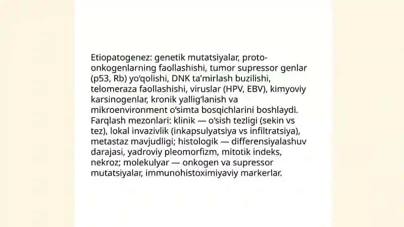 O’smalar. Epitelial o’smalar. Mezenximal to’qima o’smalari. Melanin xosil qiluvchi va nerv to’qimasining o’smalari 4
