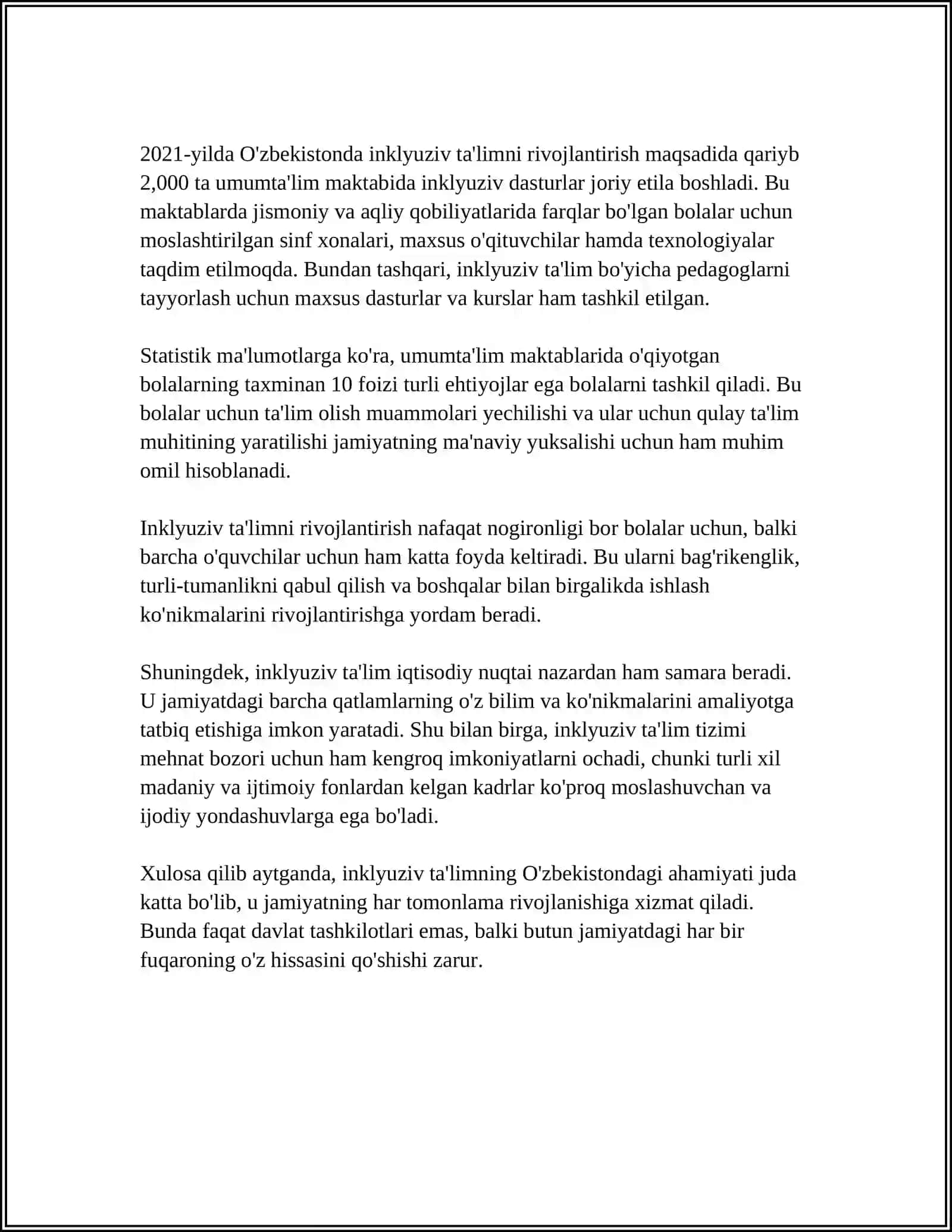 MUSTAQIL ISH Mavzu: OʻZBEKISTON RESPUBLIKASIDA INKLYUZIV TAʼLIMNI QOʻLLAB-QUVVATLASHDA AMALIY TAJRIBALAR 4