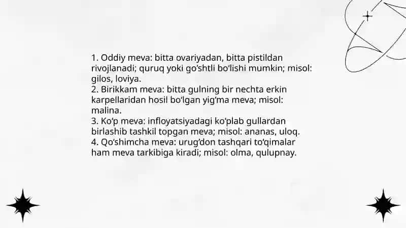 Meva. Mevalarni aniqlash. Meva xillari. Urug'chini tuzilishiga qarab mevalarni tasniflash 4