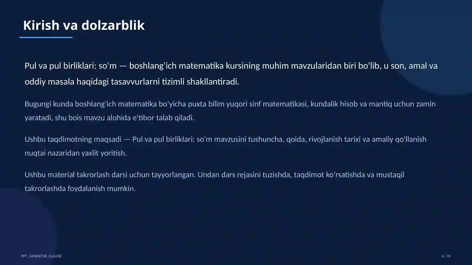 Pul va pul birliklari: so'm (2-sinf) 4