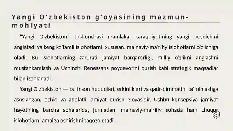 Yangi Oʻzbekistonda maʼnaviy-maʼrifiy islohotlar va ularning jamiyat hayotidagi oʻrni 4
