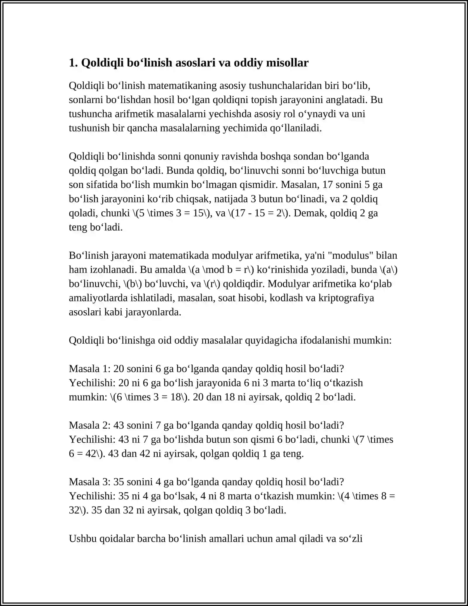 QOLDIQLI BOʻLISH. BOʻLINISHGA DOIR ARIFMETIK VA MATNLI MASALALAR. ULUSH VA KASRGA DOIR MASALALAR YECHISH. MAXRAJI 2,3,4,5,6,8,12 BOʻLGAN KASRLARNI YARIM ULUSH BILAN TAQQOSLASHGA OID MASALALAR 4
