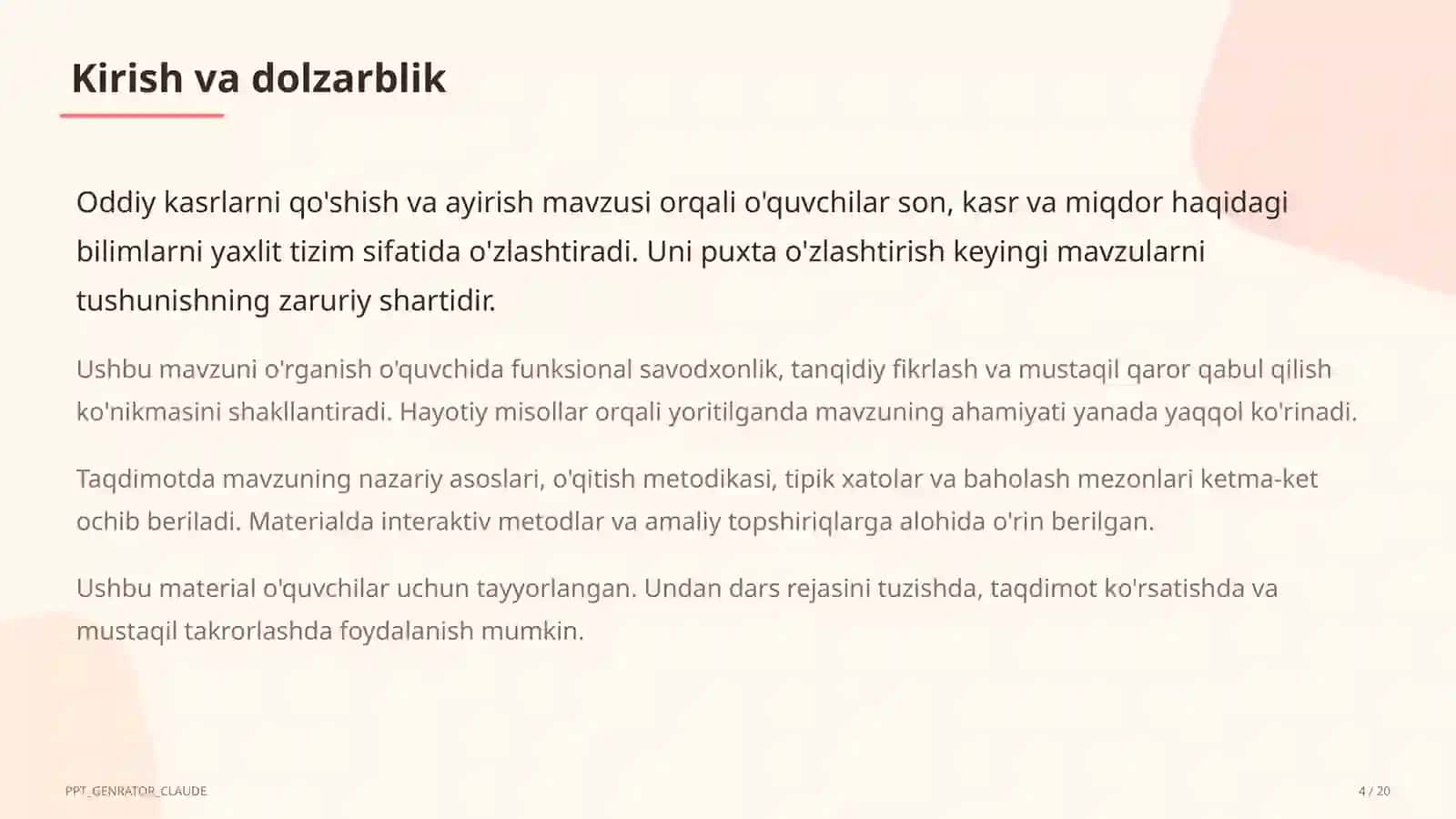 Oddiy kasrlarni qo'shish va ayirish (5-sinf) 4