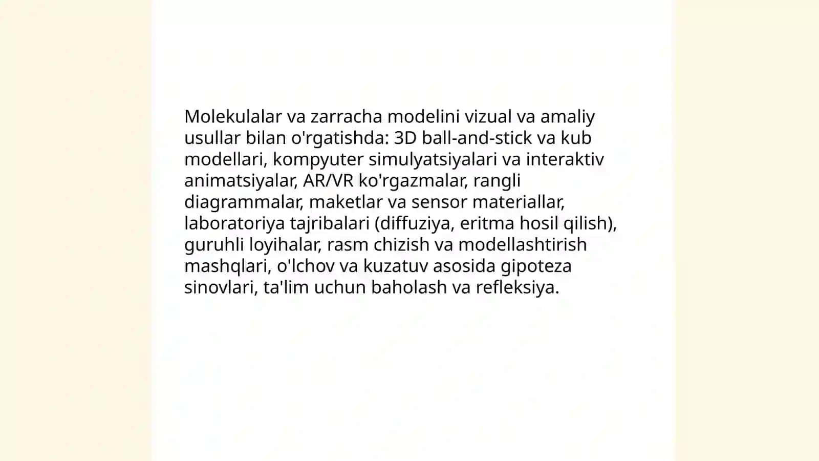 Atom molekulyar ta'limot va kimyoning asosiy tushuncha, qoidalarini o'qitish metodikasi 4