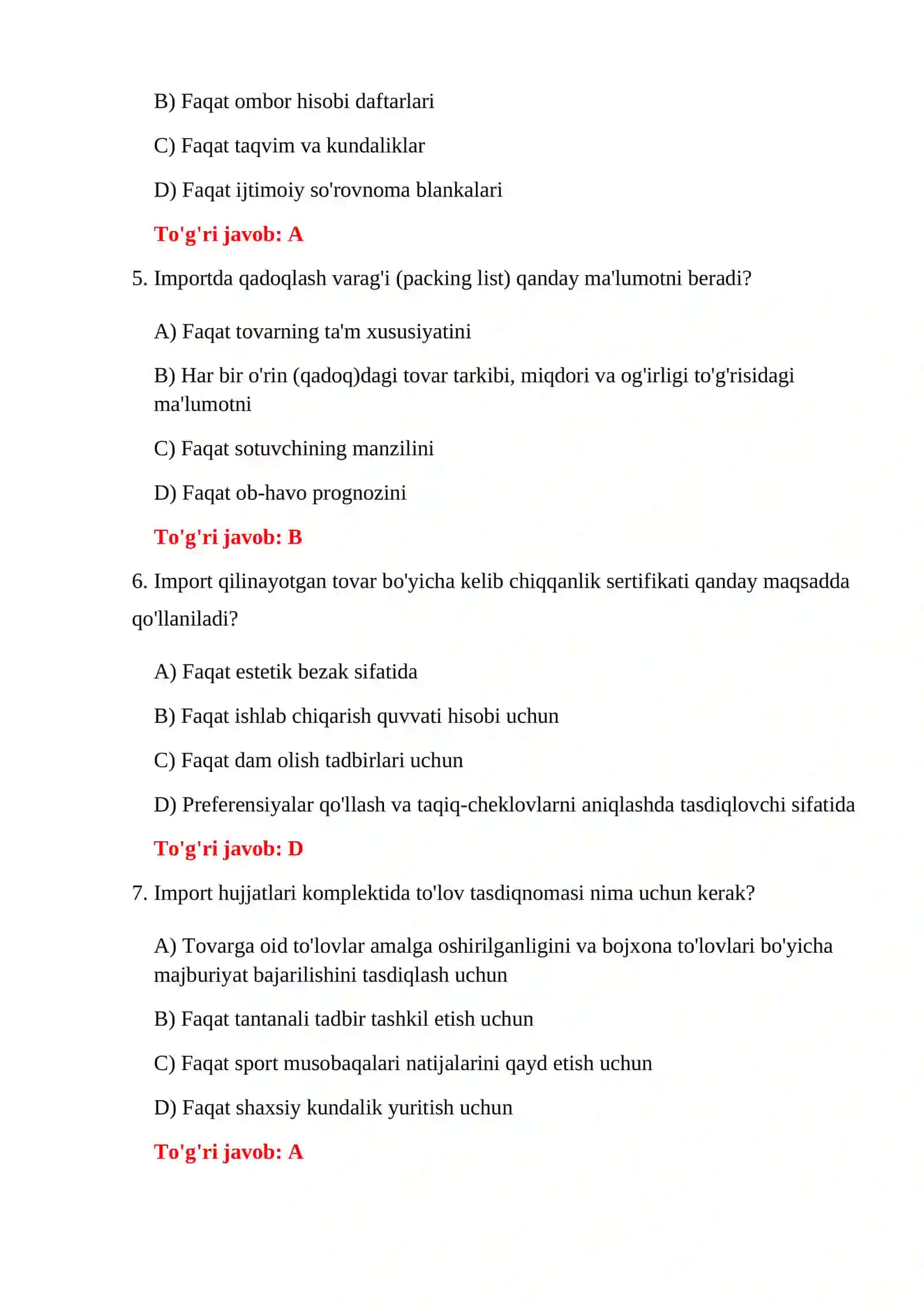 EKSPORT BOJXONA RASMIYLASHTIRUVI TESTLARI 4