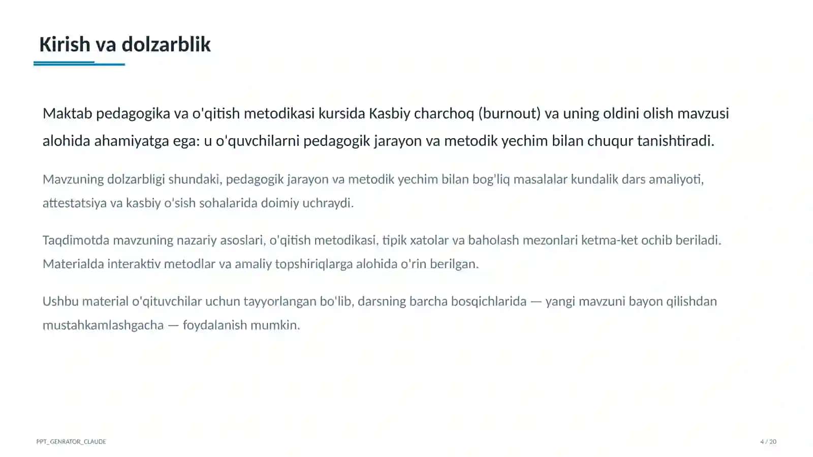 O'qituvchilar uchun: pedagogika va o'qitish metodikasi 4