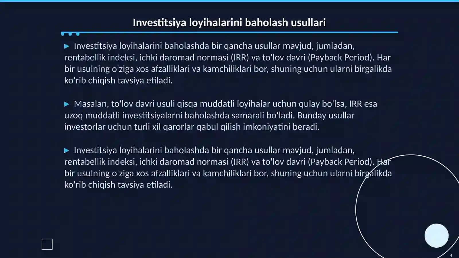 Rentabellik indeksi (PI) va investitsiya loyihalarini tanlash 4