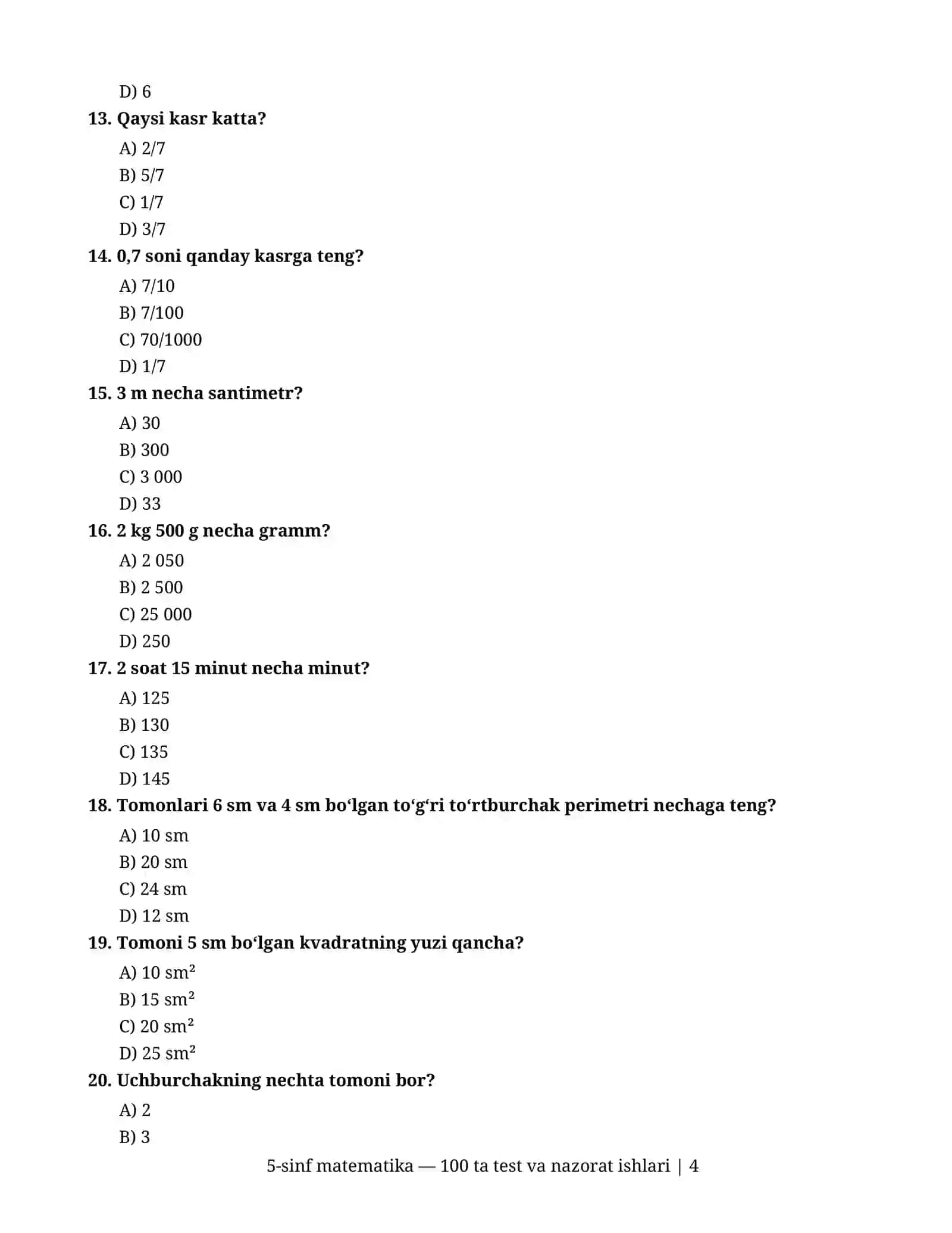 5-sinf matematika — 100 ta test va nazorat ishlari 4