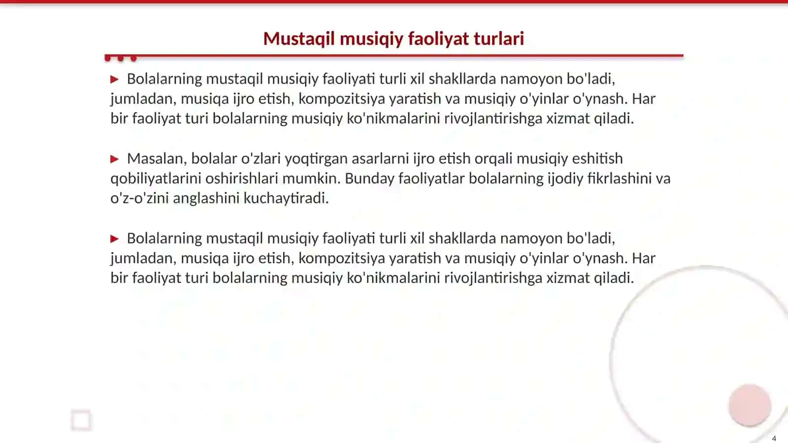 Bolalarning mustaqil musiqiy faoliyati mazmuni va unga rahbarlik qilish 4