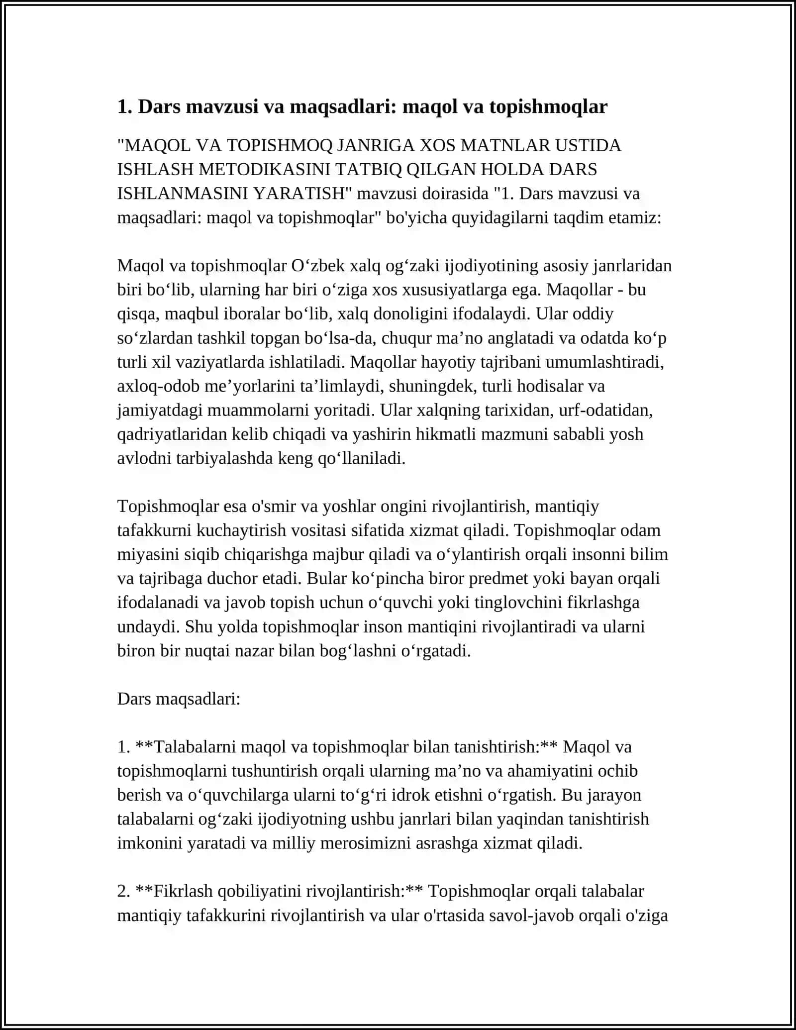 MAQOL VA TOPISHMOQ JANRIGA XOS MATNLAR USTIDA ISHLASH METODIKASINI TATBIQ QILGAN HOLDA DARS ISHLANMASINI YARATISH 4