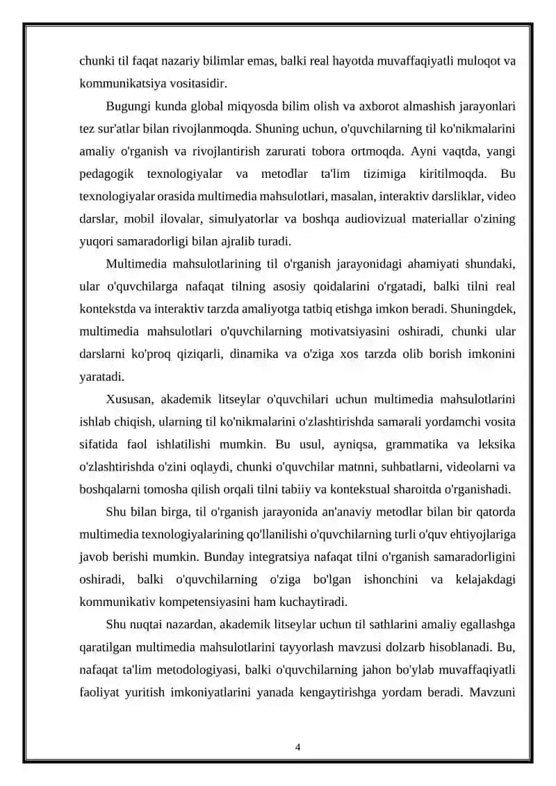 "AKADEMIK LITSEYLAR UCHUN TIL SATHLARINI AMALIY EGALLASHGA QARATILGAN MULTIMEDIA MAHSULOTLARNI TAYYORLASH" 4