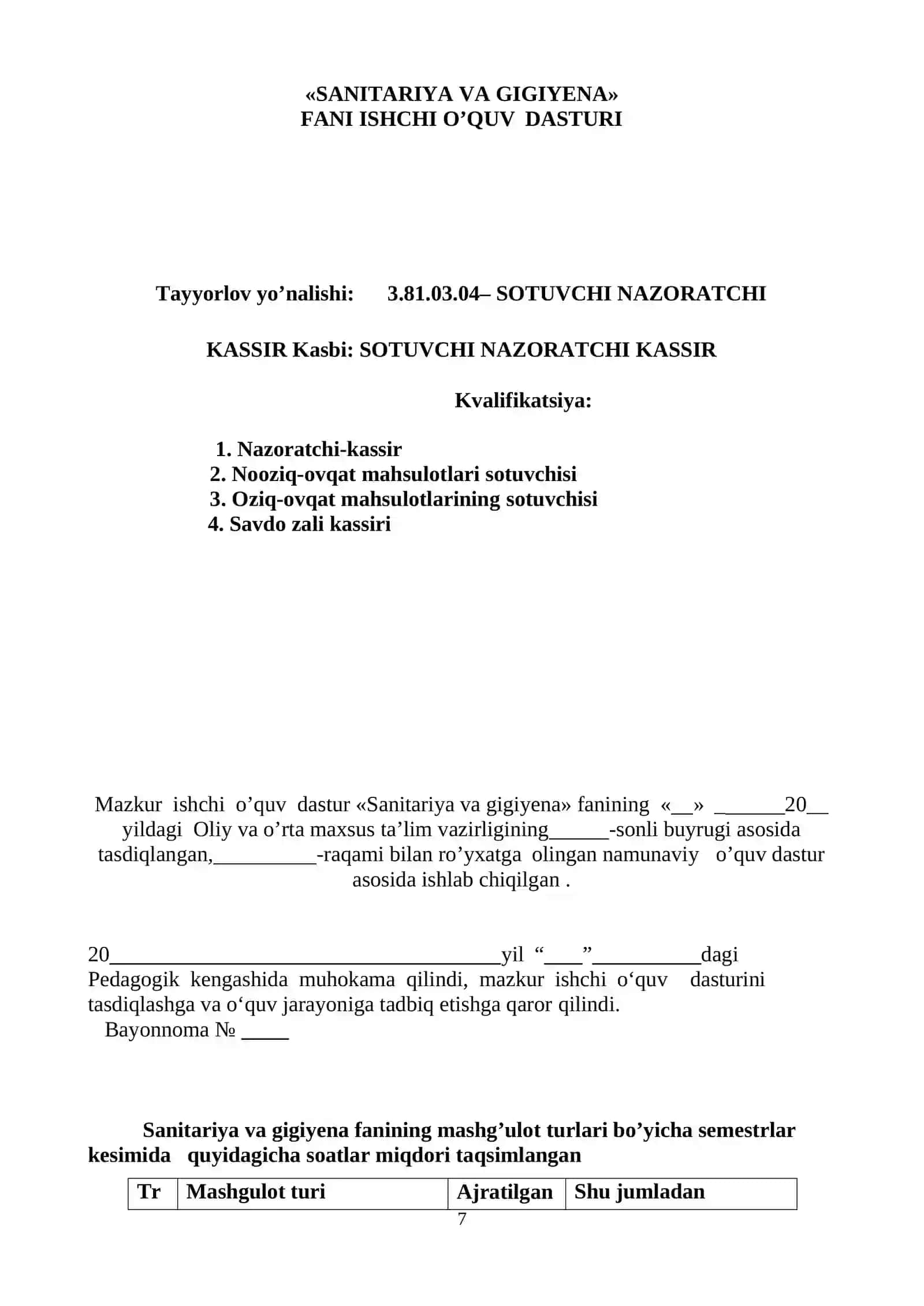 Sanitariya va gigiyena fanidan o'qitish materiallari to'plami 4