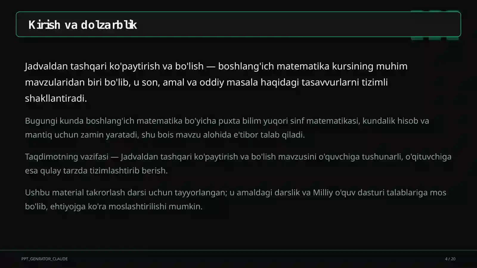 Matematika (1–4) — takrorlash darsi uchun 4