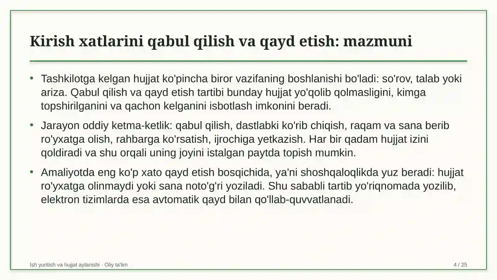 Chinni-fayans sanoatida kirish xatlarini qabul qilish va qayd etish 4