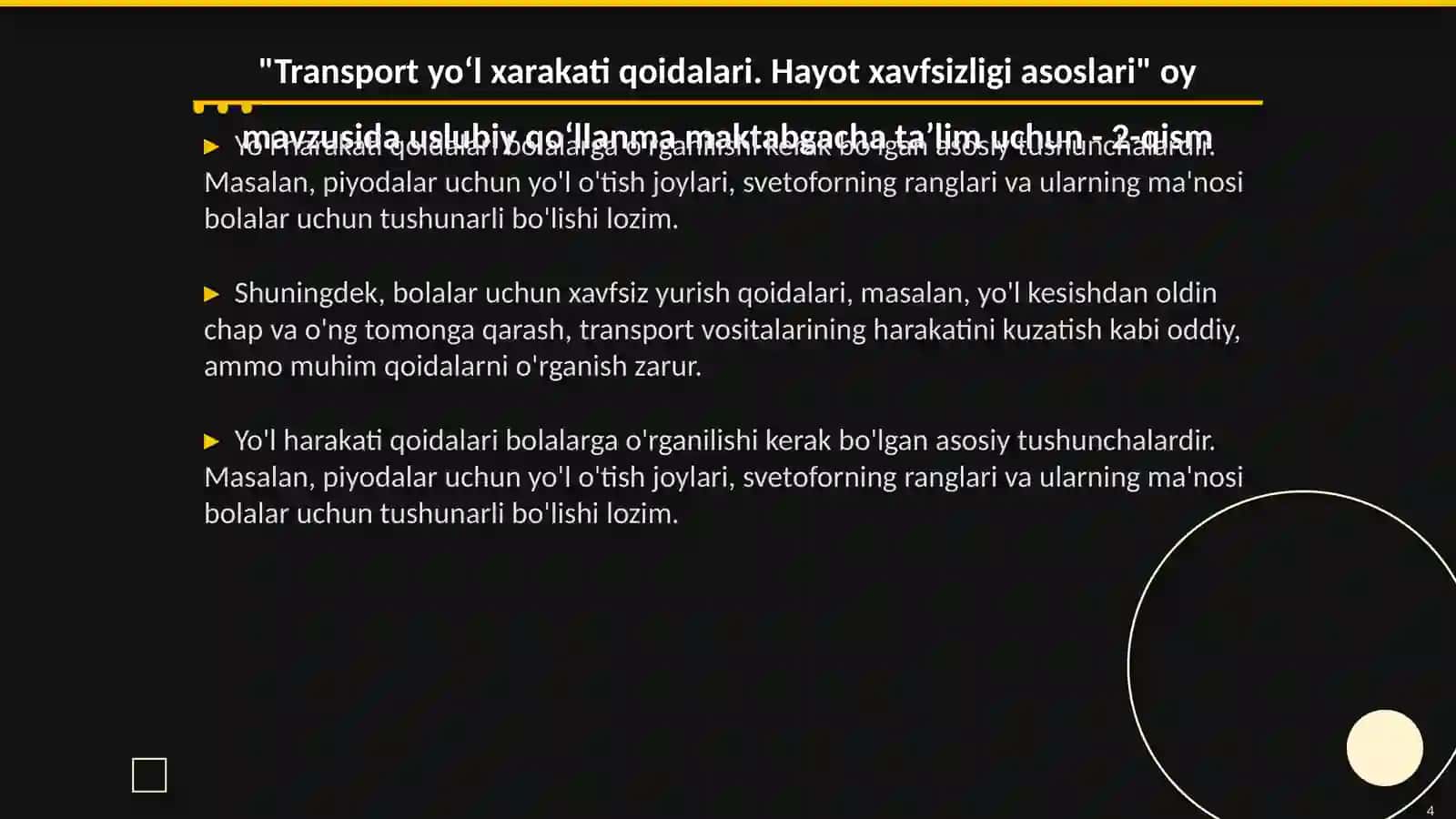 Transport yoʻl xarakati qoidalari. Hayot xavfsizligi asoslari 4