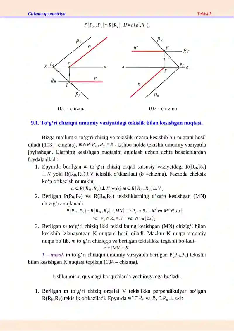 Chizma geometriya. Umumiy va xususiy vaziyatdagi tekisliklarning oʻzaro kesishgan chizigʻi 4