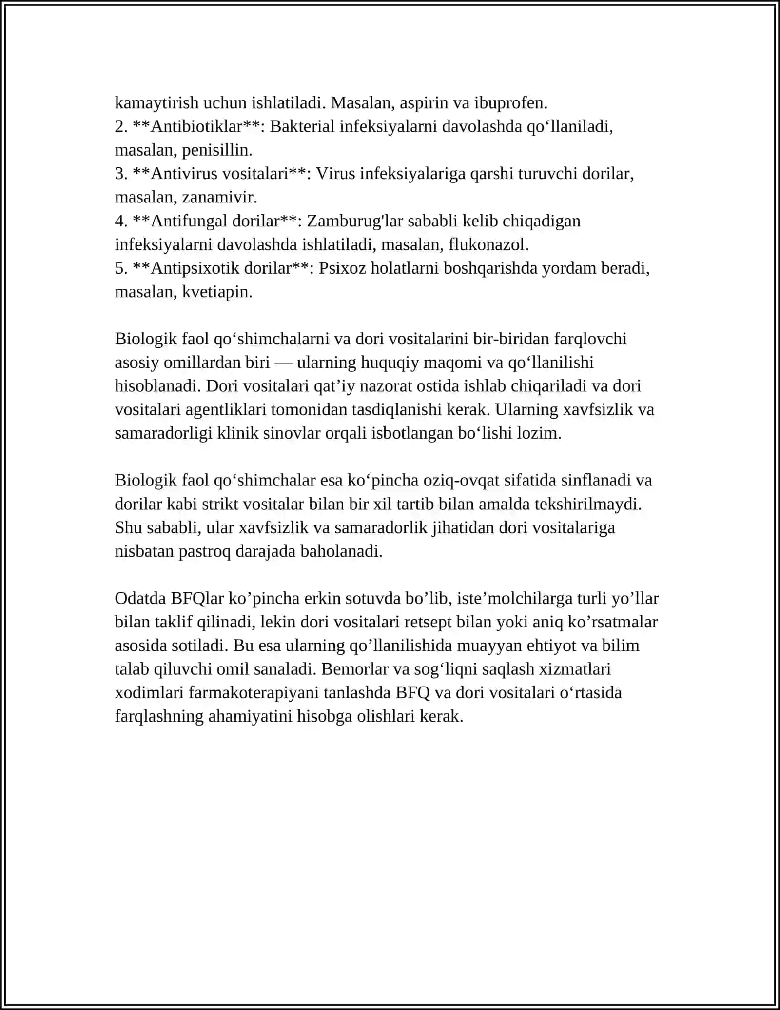 BIOLOGIK FAOL QO’SHIMCGALAR VA DORI VOSITALARINING QIYOSIY TAGLILI 4