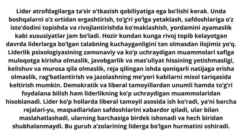 Tashkilotdagi rasmiy va norasmiy liderlarning jamoaga psixologik taʼsiri 4