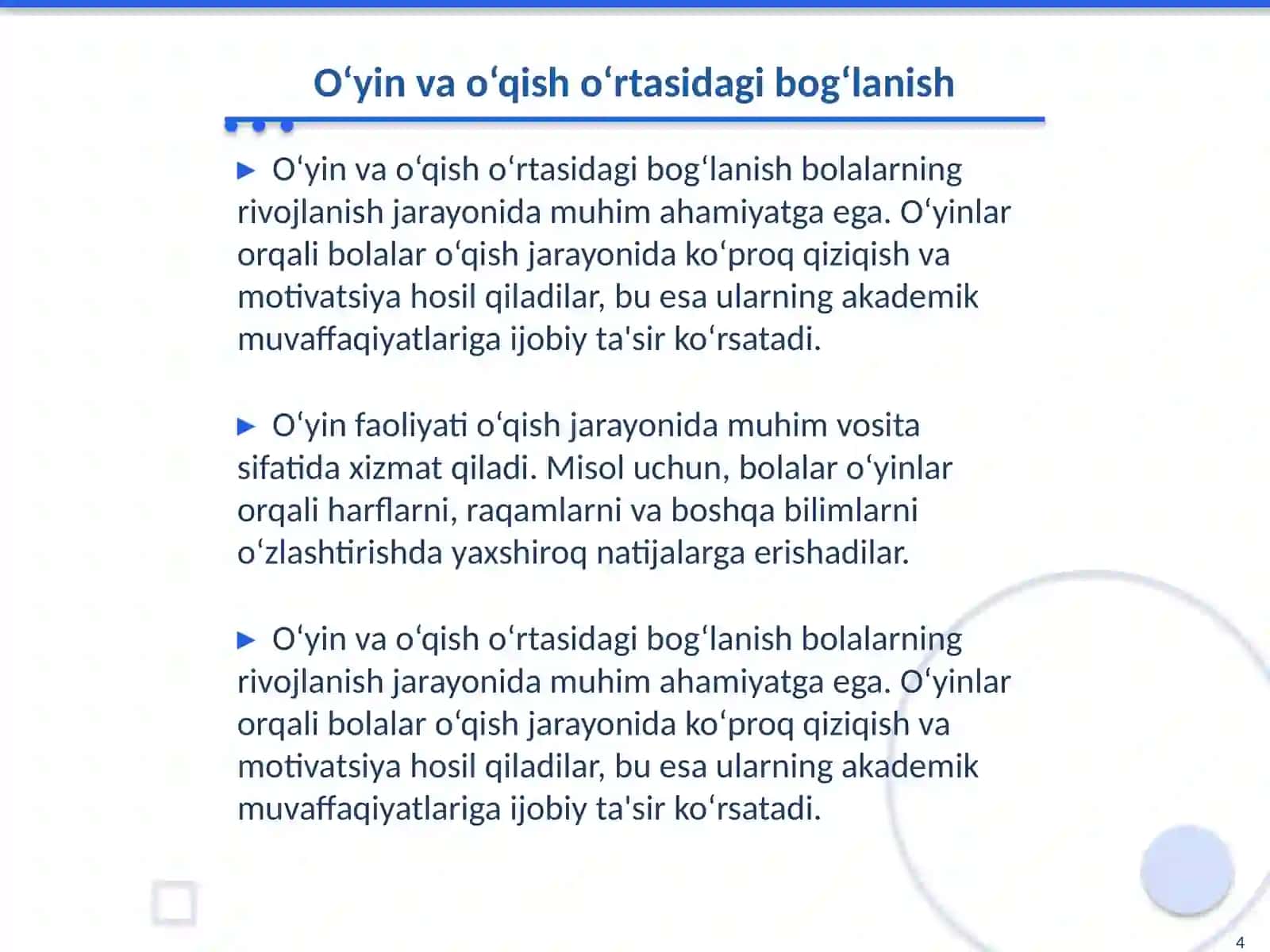 O‘yin faoliyatining o‘qish faoliyatiga almashinuvi 4