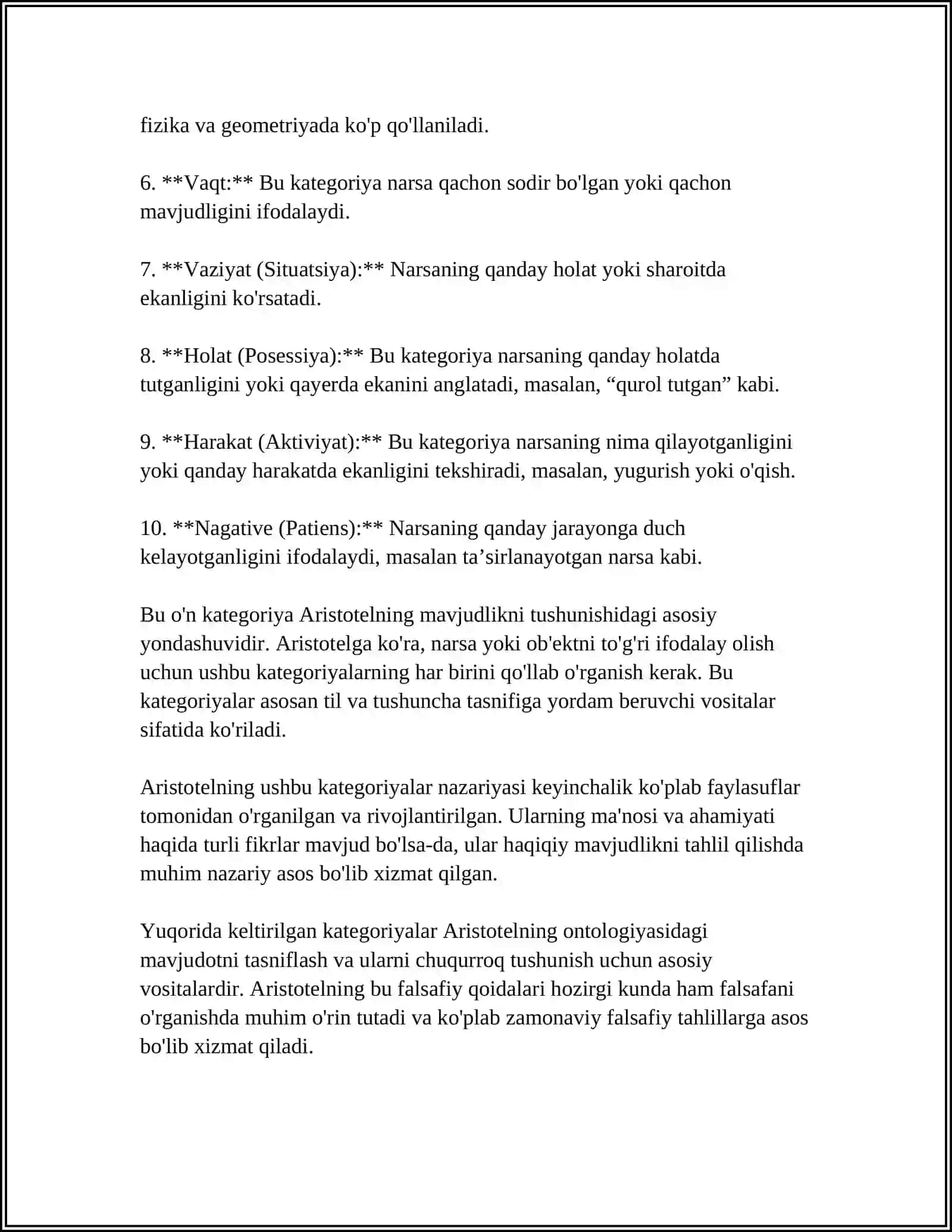 ARISTOTEL, FOROBIY VA KANT ONTOLOGIYASIDA KATEGORIYALARNING TASNIFI 4