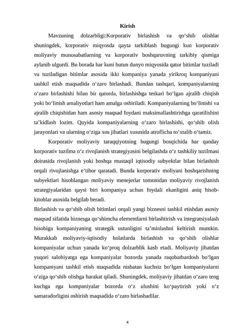 Bozor iqtisodiyoti sharoitida korporativ birlashishlar va qoʻshib olishlar. 4