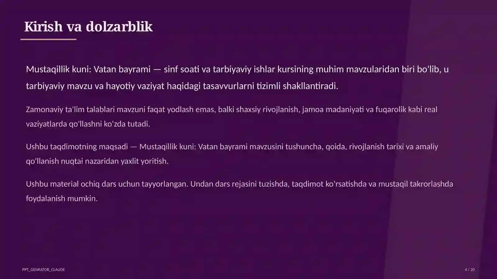 Sinf soati va tarbiyaviy tadbirlar (1–11) — ochiq dars uchun 4
