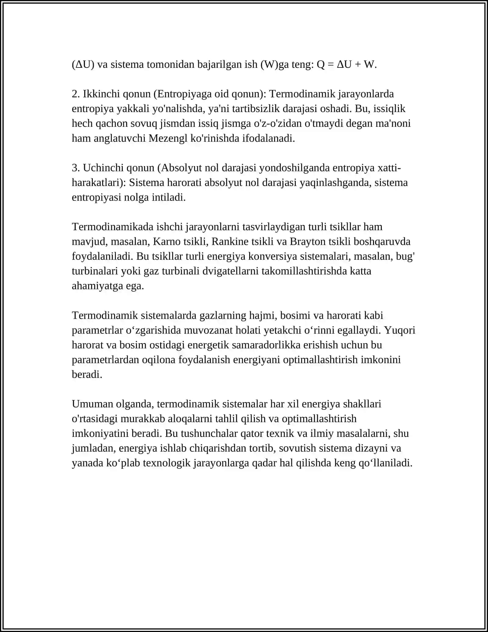 MUSTAQIL ISH Mavzu: TERMODINAMIK JARAYONLAR VA QONUNLAR 4