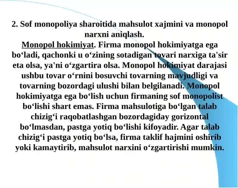 Sof monopoliya va sof raqobatlashgan bozorlar 4
