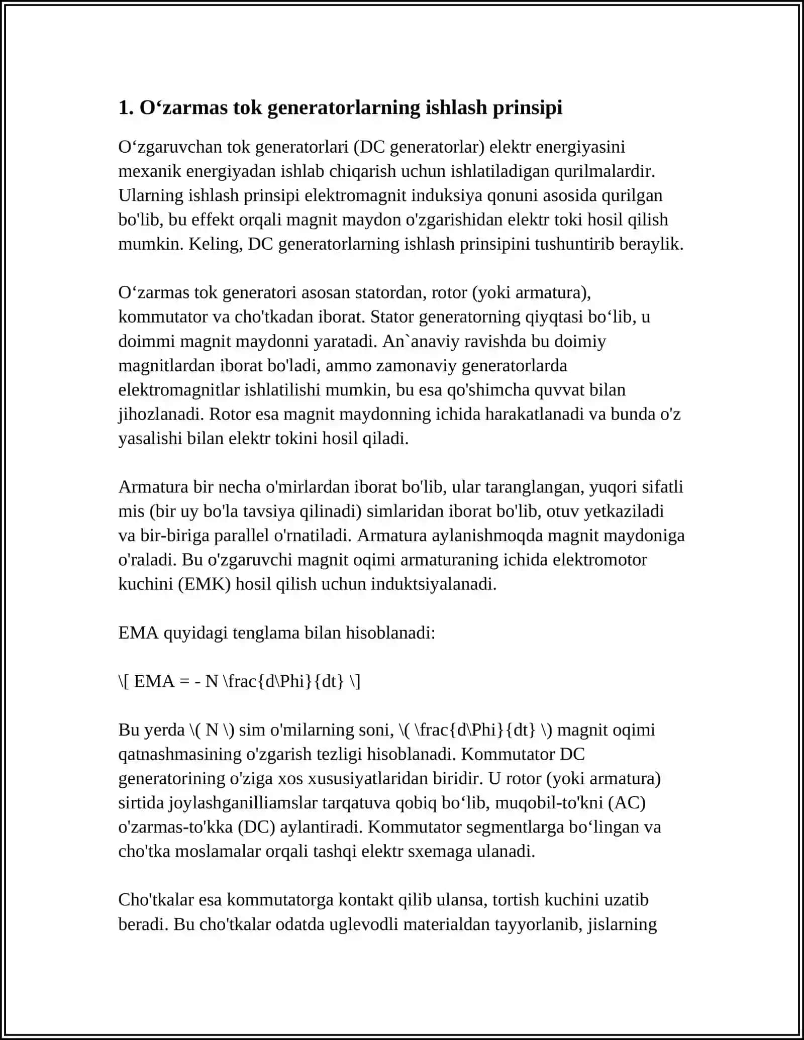 KETMAKET VA ARALASH QOʻZGʻATISHLI OʻZGARMAS TOK GENERATORLARINING TAVSIFLARI 4