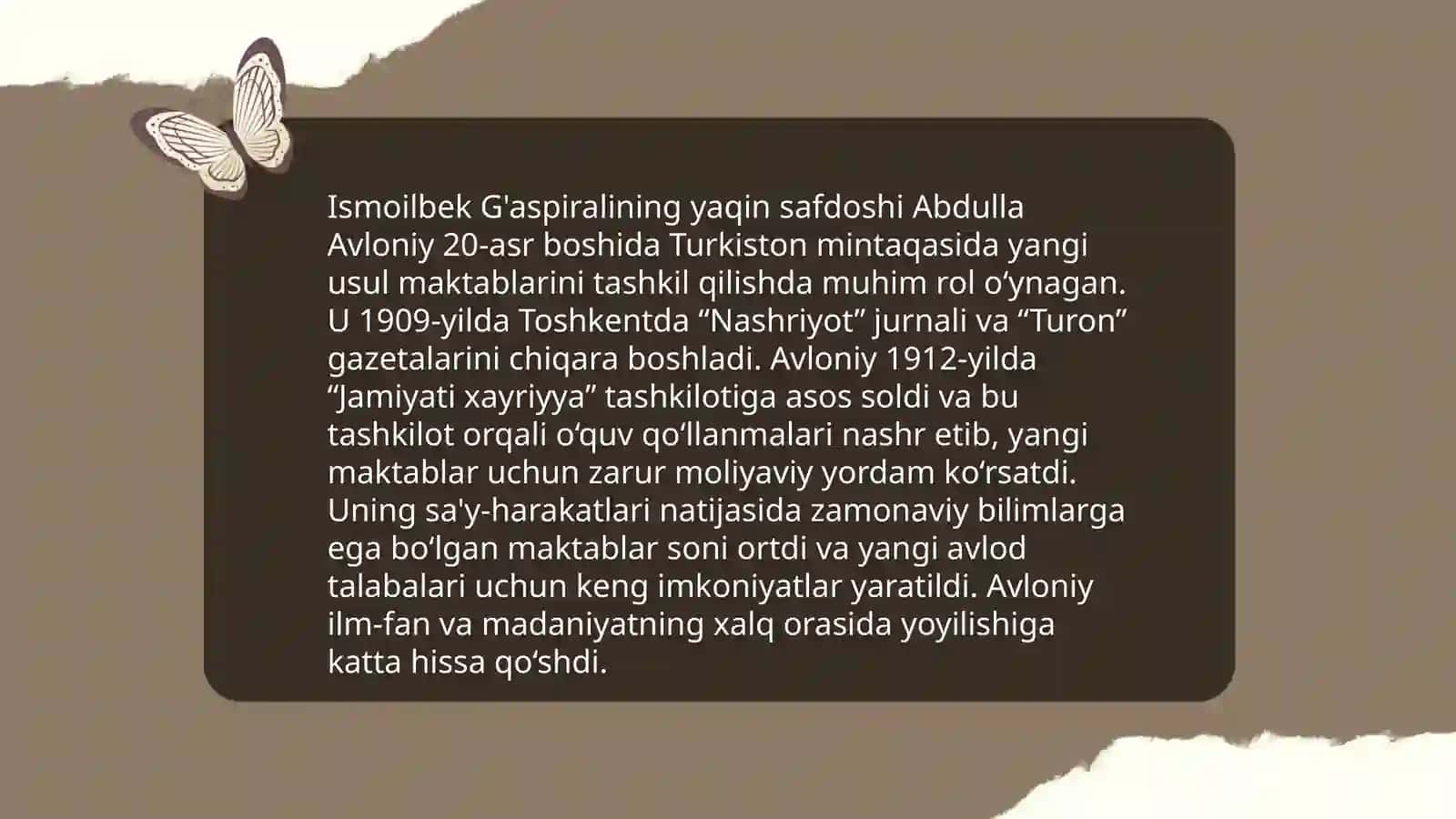 Abdulla Avloniyning pedagogik faoliyati.Yangi maktablar, o'quv jarayonlari dars uslubi tashkil etishdagi faoliyati 4