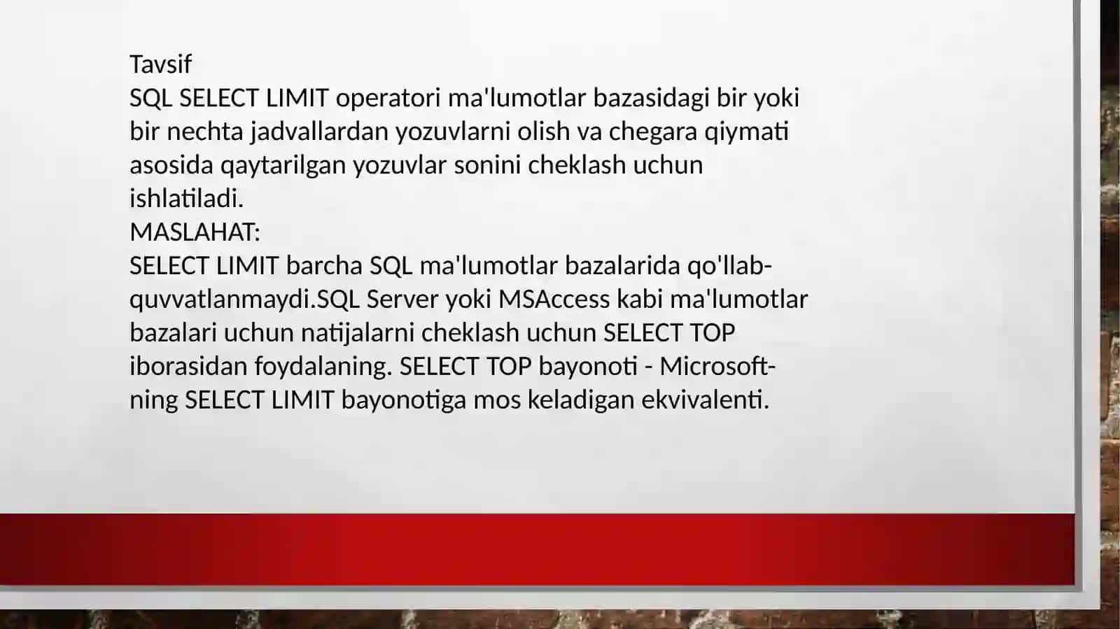 SQL serverda Like,limit bandlari va ularning vazifalari. 4