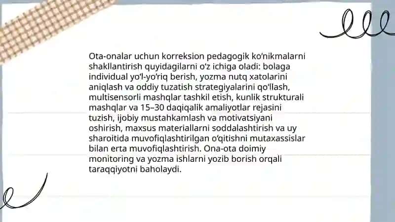 Yozma nutq nuqsoniga ega bolalarni oilada tarbiyalashning korreksion yo'nalganligi 4