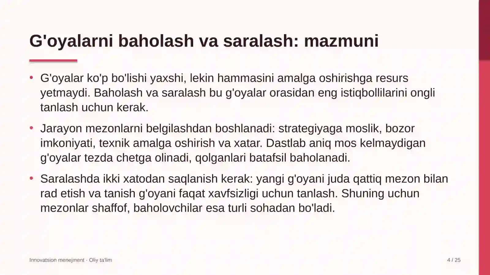 Karshering xizmatida g'oyalarni baholash va saralash 4