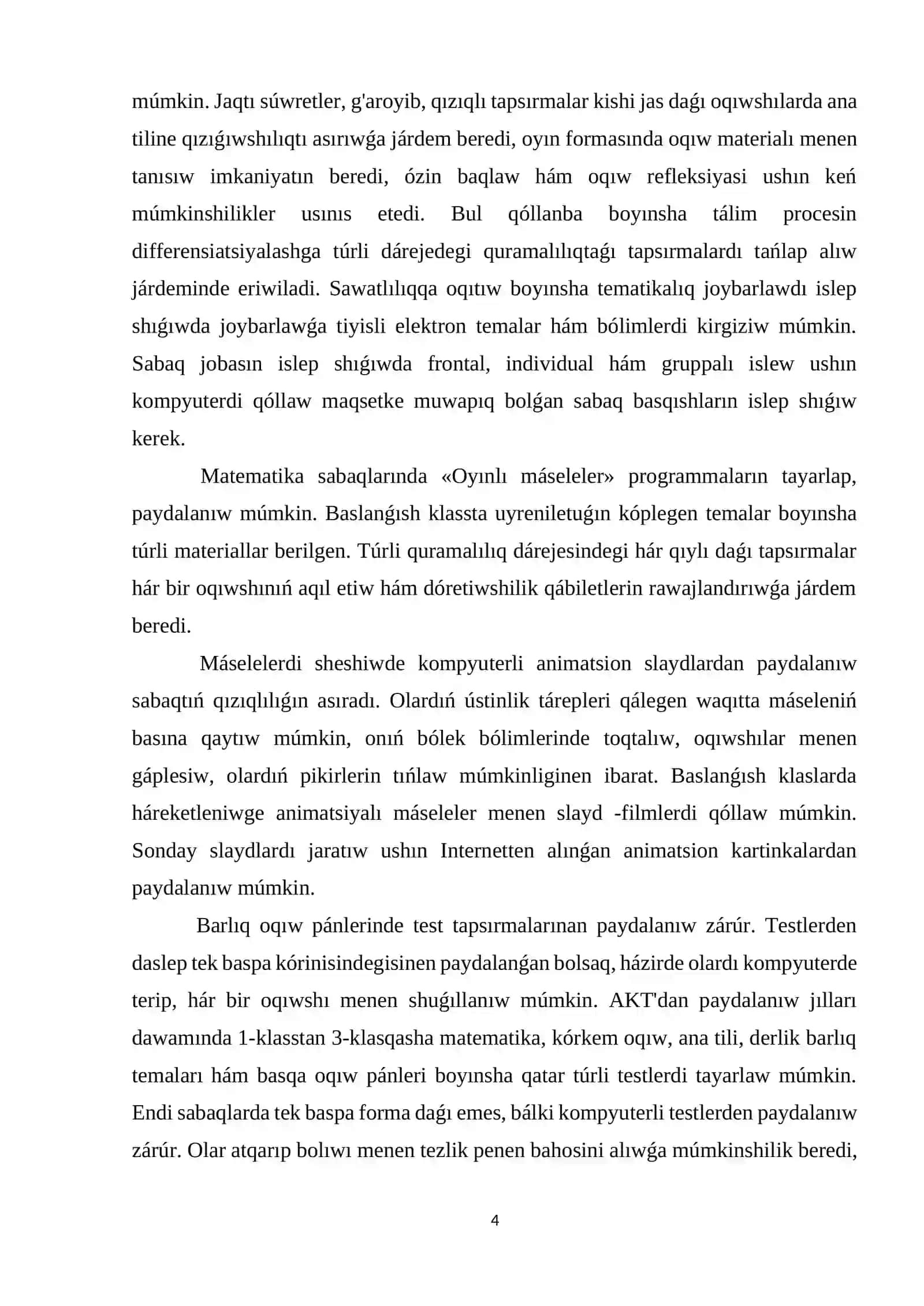 Baslawısh klass oqıwshılarınıń normativ hújjetleriniń tayarlawda word baǵdarlamasın paydalanıw 4