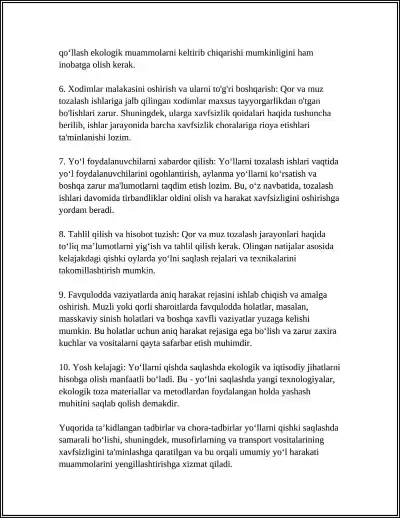 YOʻLLARNI QISHKI SAQLASHGA QOʻYILGAN TALABLAR 4
