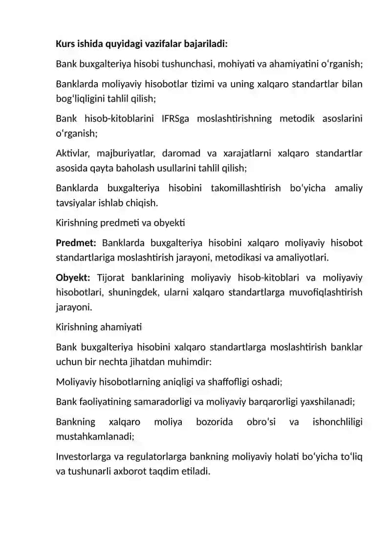 Banklarda buxgalteriya hisobini Moliyaviy hisobotning xalqaro standartlariga to‘liq moslashtirish orqali yanada takomillashtirish. 4