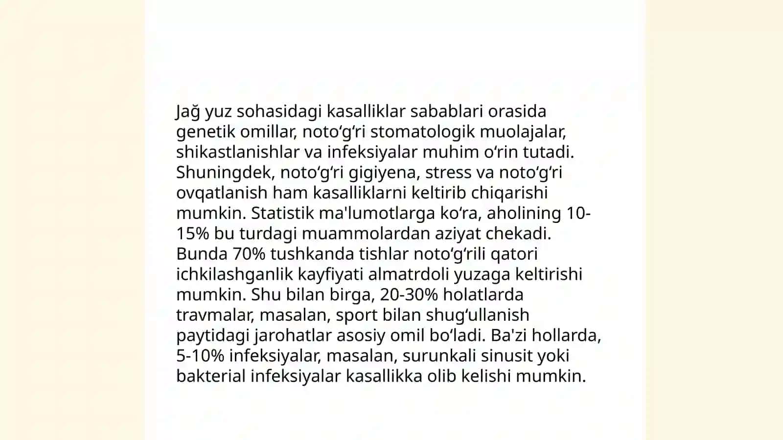 Oziqani qabul qilish normal shartlarni buzilishida kuzatiladigan jağ yuz sohasida kasalliklari bôlgan bemorlarni oziqlanishi va oziqa ratsionini ôziga xosligi 4