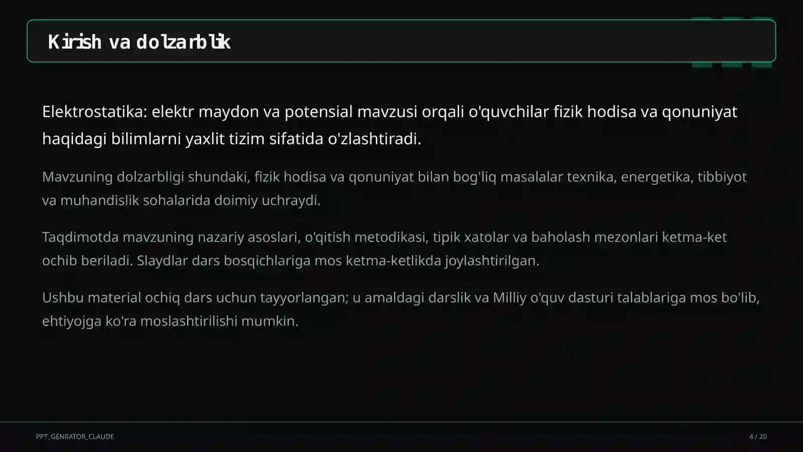 Elektrostatika: elektr maydon va potensial (10-sinf) 4