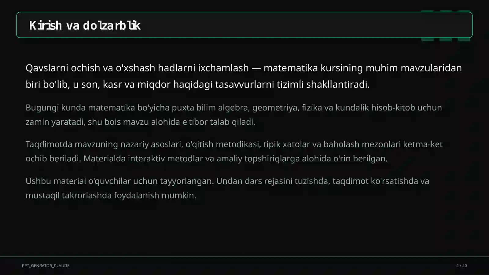 Qavslarni ochish va o'xshash hadlarni ixchamlash (6-sinf) 4