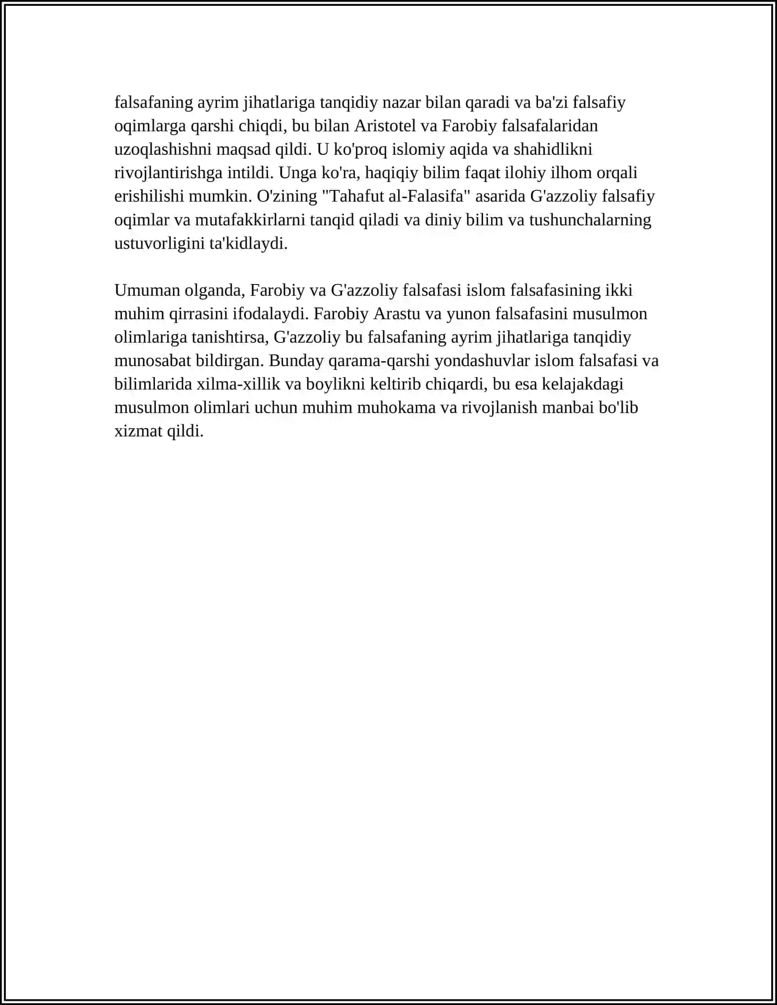 ABU NASR FAROBIY VA G'AZZOLIYNING FALSAFA ILMIGA OID QARASHLARINI QIYOSIY TAHLIL ETISH (FAROBIYNING "SIYOSAT FALSAFASI" VA G'AZZOLIYNING "KIMYOI SAODAT" ASARLARI ASOSIDA) 4