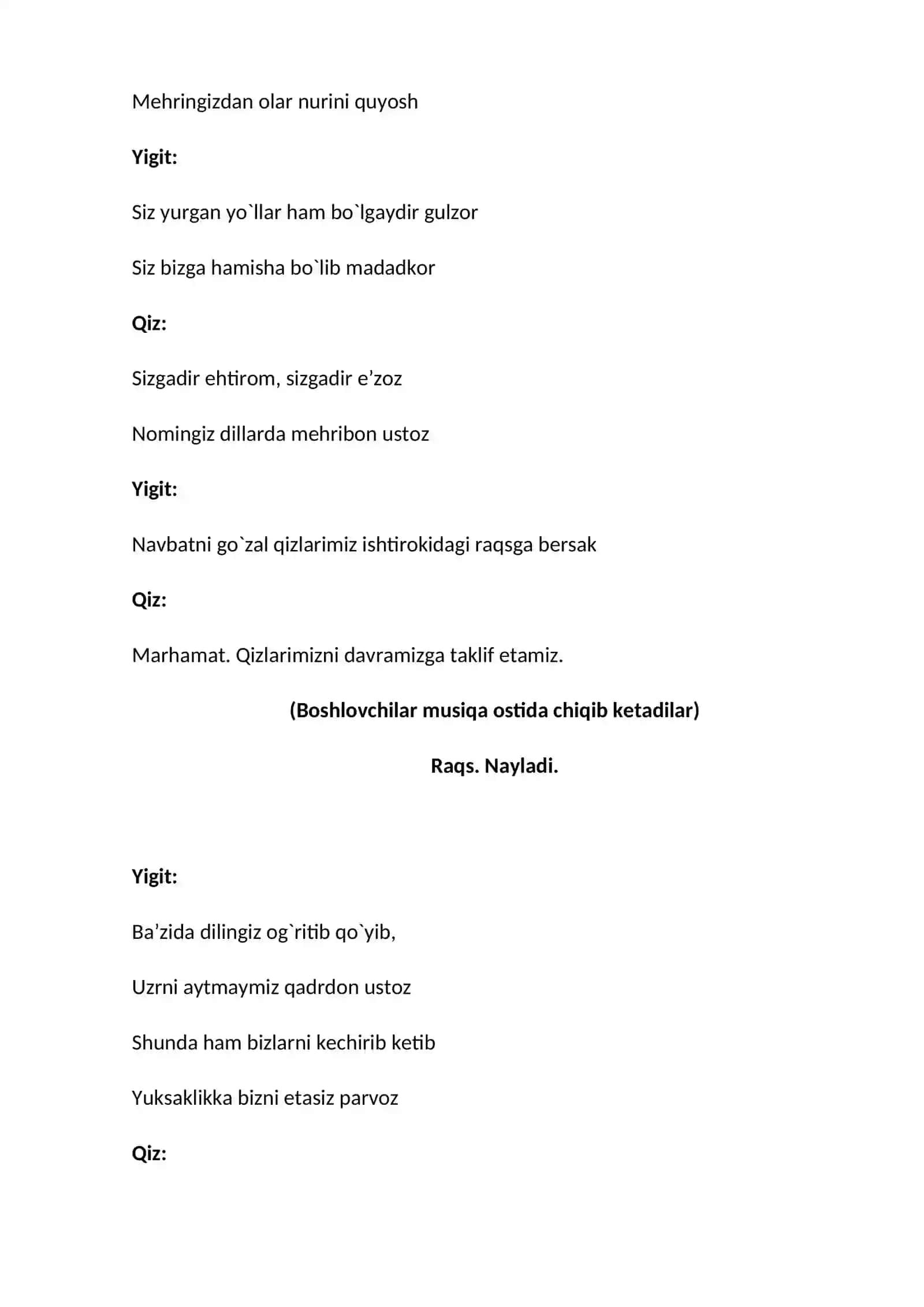 1 oktabr ustoz va murabbiylar kuniga bag`ishlangan bayram tadbirining ssenariysi. 4
