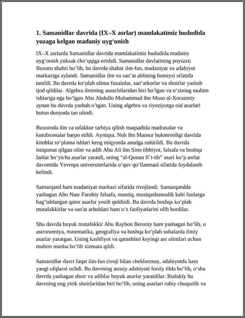 IX-XII ASRLARDA MAMLAKATIMIZ HUDUDIDA ROʻY BERGAN MADANIY UYGʻONISH. BUYUK ALLOMALARNING JAHON SVILIZATSIYASIGA QOʻSHGAN HISSASI 4