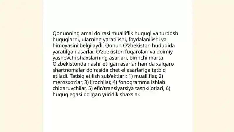 Mualliflik huquqi va turdosh huquqlar " to'g'risidagi O'zbekston Respublikasi Qonuni va ahamiyati 4